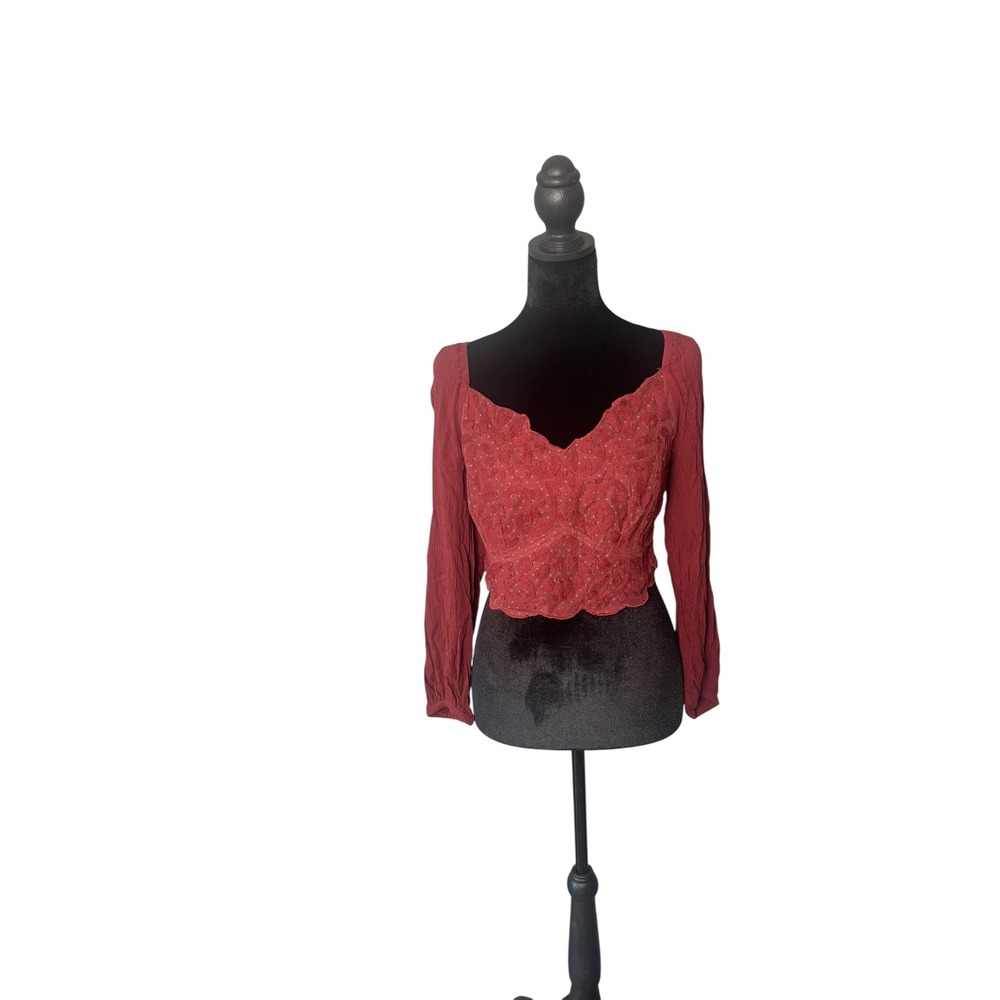 Shyanne Womens Large Burgundy Embroidered Mesh Crop Top Long Sleeve Smocked Back